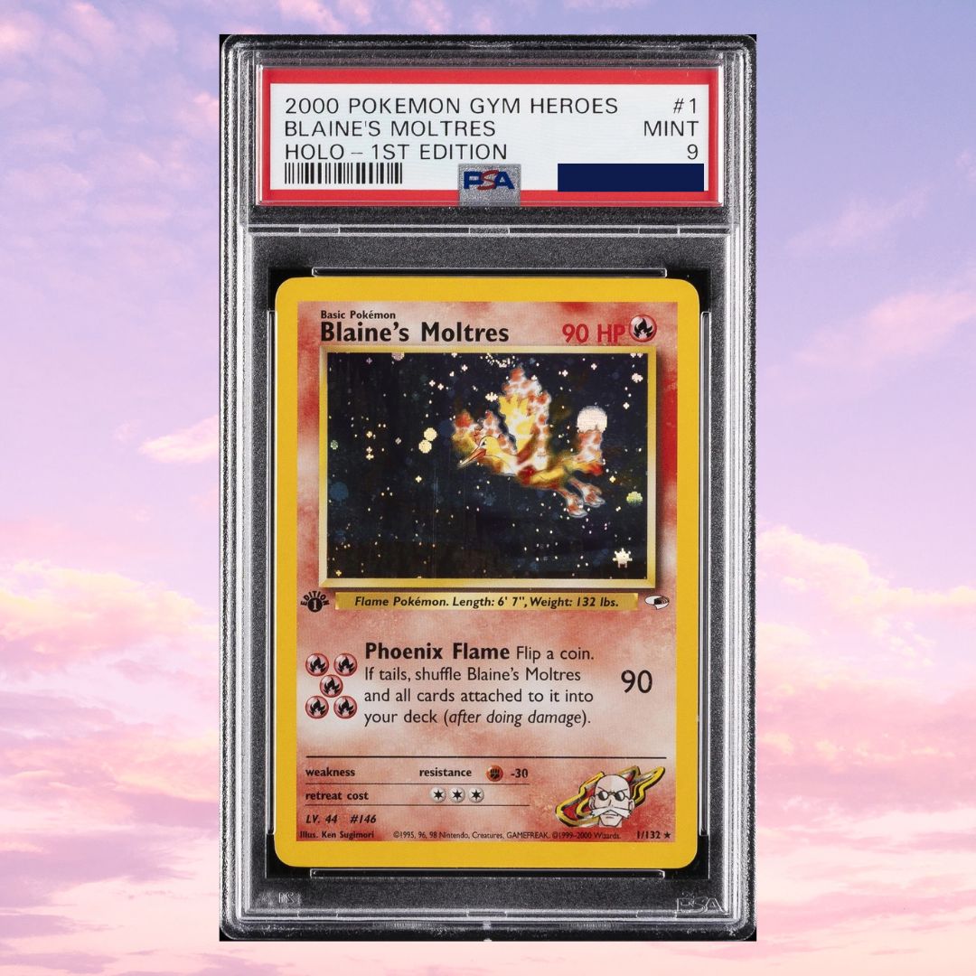 Pokemon Blaine's Moltres Holo 1st Edition 001/132 Gym Heroes PSA 09